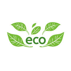 A graphic logo with the word 'eco' surrounded by stylized green leaves, representing ecology.