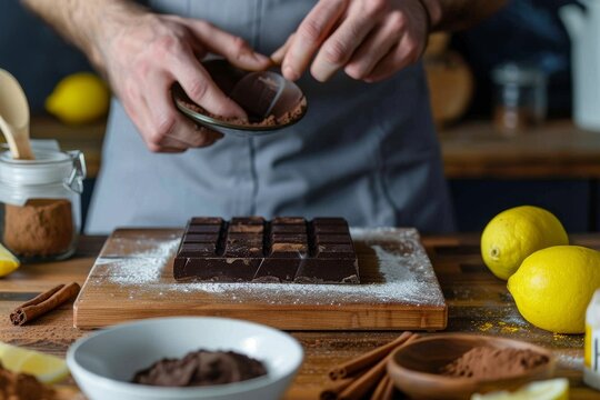 Man preparing chocolate cream for a cake on a kitchen bench with pastry chocolate bar, powder and cinnamon and lemons. Front view.