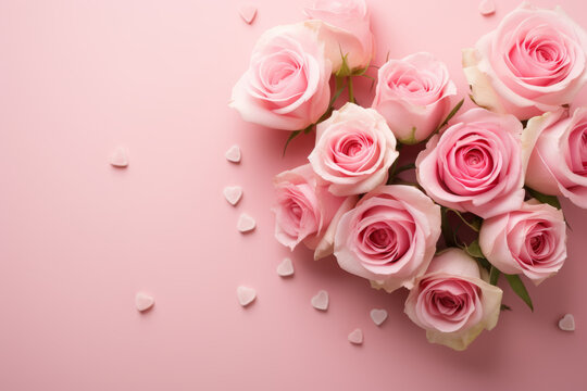 Bouquet of pink roses is arranged in heart shape on pink background. Roses are main focus of image, and heart shape adds romantic and sentimental touch to scene