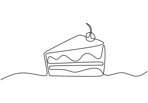 one line drawing of cheesecake with cherries. Hand drawn piece of cake