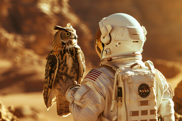astronaut holding owl, space, future, futuristic, science, technology, android, work, robot, animal, cyborg, weapon