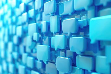 Blue wall with many blue squares that look like speech bubbles. Wall is filled with these squares and they are all different sizes