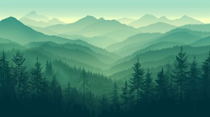 Illustration of dark green silhouette of valley view of forest fir trees and mountains peak.
