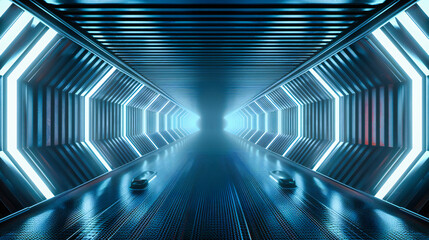 Through the Sci-Fi Corridor: A Futuristic Tunnel Bathed in Neon Light, Invoking a Journey to the Unknown