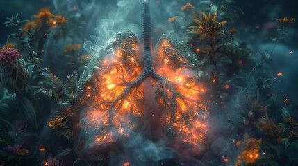 Fototapeta na wymiar Unhealthy, sick lungs with poor air quality. Human lungs and bronchial cells in smoke