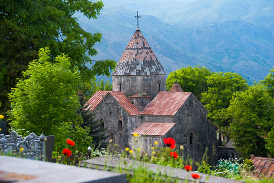 Sanahin Monastery - a landmark of Armenia on the background of beautiful mountains, UNESCO World Heritage Site