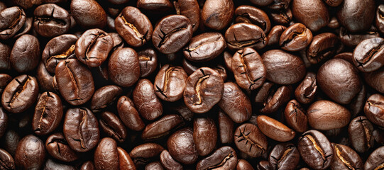 A multitude of roasted coffee beans filling the frame, providing a detailed texture that coffee...