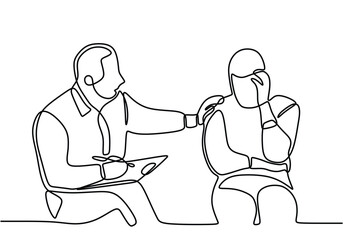 one line drawing of man sitting at the reception of male psychologist