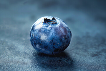 A highly detailed and enlarged photo of a single blueberry with a shine that highlights its freshness and texture