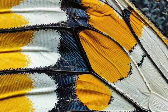 A close-up of a butterfly wing showing intricate patterns and vivid yellow, black, and white colors, with details sharp enough to see the individual scales on the wings