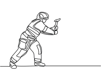 continuous line drawing of running firefighter with axe hammer.