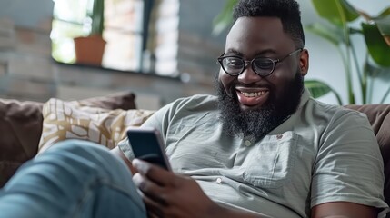 Happy black man using smart phone at home. Smiling young african man at home sitting on couch reading phone message. Handsome american guy download app for his mobile phone.