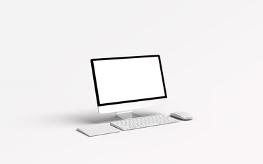 Monitor PC mockup. Trendy realistic thin frame monitor or Pc with mouse and keyboard isolated on white background.