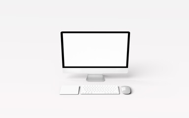 Monitor PC mockup. Trendy realistic thin frame monitor or Pc with mouse and keyboard isolated on...