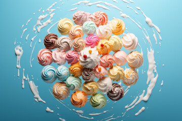 Blue background with large group of colorful frosted cupcakes. Cupcakes are arranged in circle, with some of them being larger than others. Frosting on cupcakes is in various colors