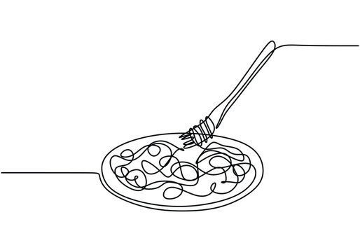 Single continuous line drawing of delicious spaghetti noodle with fork