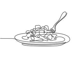 Single continuous line drawing of delicious spaghetti noodle with fork
