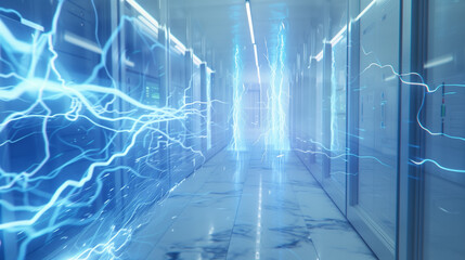 Blue glowing lightning in a modern server room. 3D Rendering