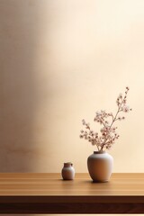Fototapeta na wymiar Vase with flowers sits on wooden table. Scene is simple and peaceful