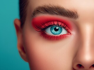 Beautiful macro shot of female blue eye make up with vibrant eyeshadows, in a studio light envoirment