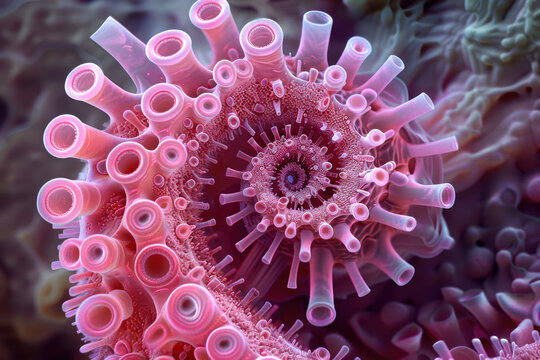 a scanning electron microscope (SEM) image showing a pink, spira
