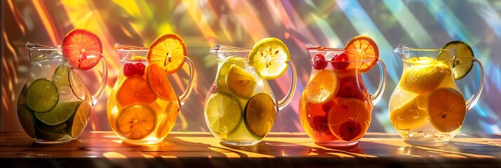 Vibrant fruit slices suspended in a sparkling pitcher of lemonade, casting colorful reflections on a sunlit tabletop