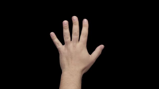 slow motion video white male hand back view waving greetings on black background