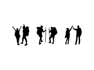 hiking couple silhouette. set of hiking couple silhouettes in various poses. mountain hiking silhouette vector illustration.