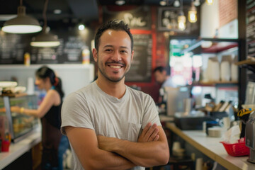Obraz premium A smiling man with crossed arms standing confidently in a cafe or small business establishment, with an employee working in the background