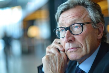 A businessman in a suit and glasses talking on the phone with a thoughtful expression, likely in an office environment
