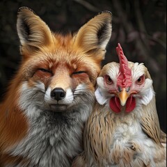 A red-tailed fox poses in front of a camera with a homemade chicken. An unusual friendship among animals.