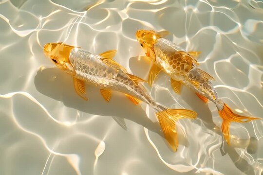 A close-up photo of two golden koi fish swimming in clear water, their scales shimmering under the sunlight, creating a serene scene.
