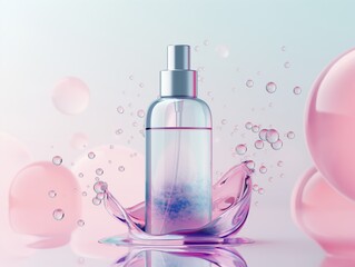 Obraz na płótnie Canvas Elegant perfume bottle surrounded by playful pink bubbles, beauty products advertisements concept