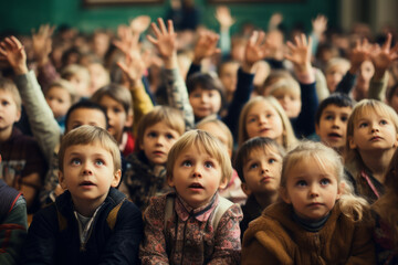 Group of children are sitting in classroom and raising their hands. Scene is one of excitement and...