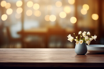Vase of white flowers sits on wooden table. Table is surrounded by chairs and dining table. Scene is set in restaurant or cafe, with view of dining area