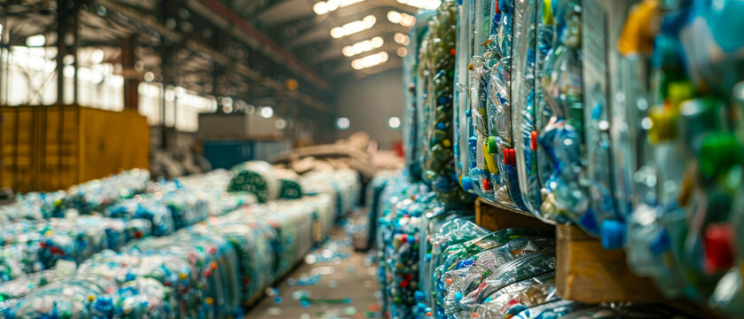A large pile of plastic bottles is stacked in a warehouse, recycling and reducing waste