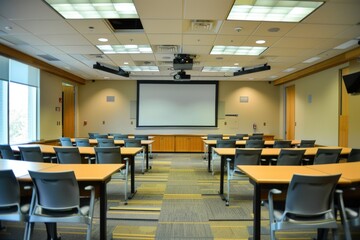 A view of an empty conference room with a modern design, signifying readiness for business meetings, discussions, or conferences
