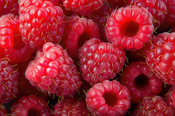 A close-up of raspberries, showcasing their rich red color and the delicate, velvety texture of their surface. The image captures the fruit's intricate structure made up of many tiny drupelets