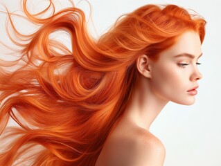 Portrait of a beautiful young woman with long red hair, flying hair on white background