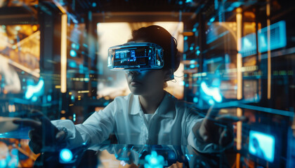 Fototapeta na wymiar An Asian man wearing a white lab coat and a VR headset with a hologram in front of him, writing code or hacking in a control room surrounded by computer screens and projections 