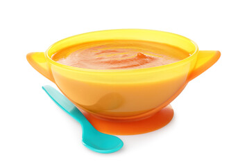 Tasty baby food in bowl and spoon isolated on white