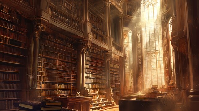 An ancient library filled with magical books, glowing orbs, and mystical artifacts. Shelves reach up to a high, vaulted ceiling, with soft light filtering through stained glass windows. Resplendent.