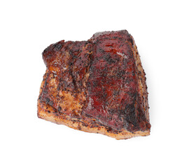 Piece of tasty baked pork belly isolated on white, top view