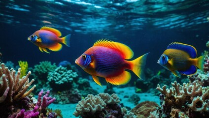 Naklejka na ściany i meble Vibrant colored fish swimming in a tropical reef underwater