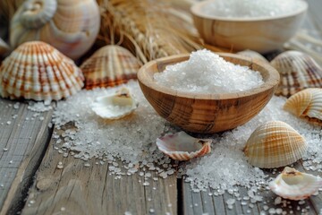 Marine salts on wooden table with sand and shells elevated