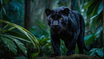 Fototapete Rund Elegant and agile black panther staring alertly in tropical rainforest © Natallia