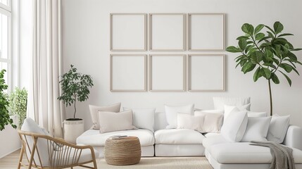High quality wall art frame mockup. Modern white style. Home living room interior design.3d rendering
