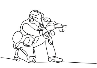 Soldier ducked with weapon in one line style vector illustration.
