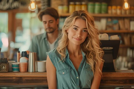 A happy young woman with blonde hair smiles in a cozy cafe, a male barista working in the background.