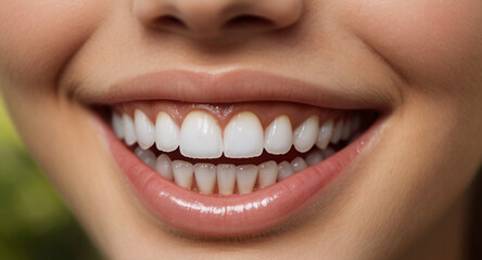 Obraz premium Close up on teeth of the smile of a teenage girl with healthy white teeth. Children's dentistry concept.